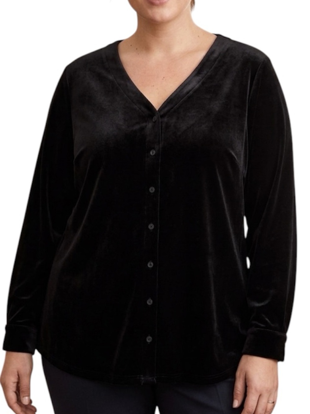 Lands’ End Plus 2X Black Stretch Velvet Button Front V-Neck Blouse Top Holiday